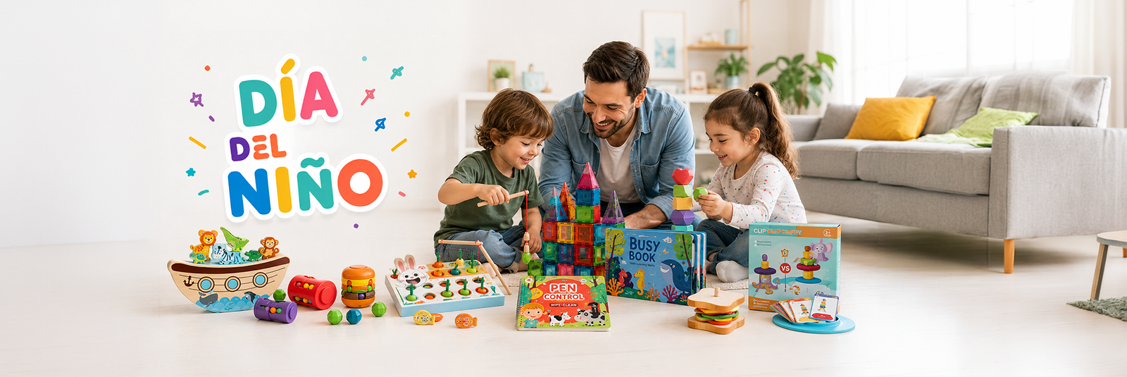 Familia jugando con juguetes educativos y sensoriales de Aquamed Store